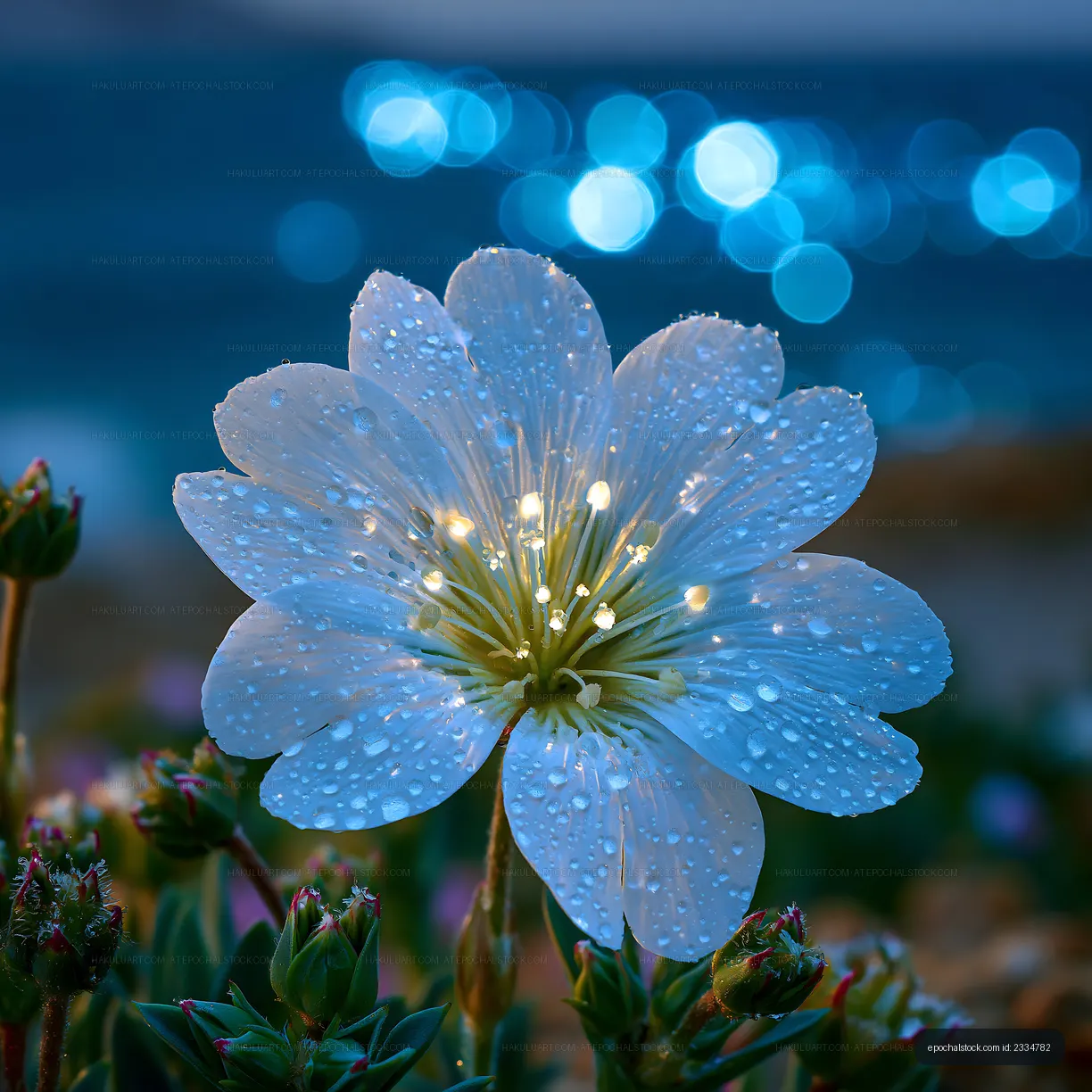 White flower with water droplets in front of blue water