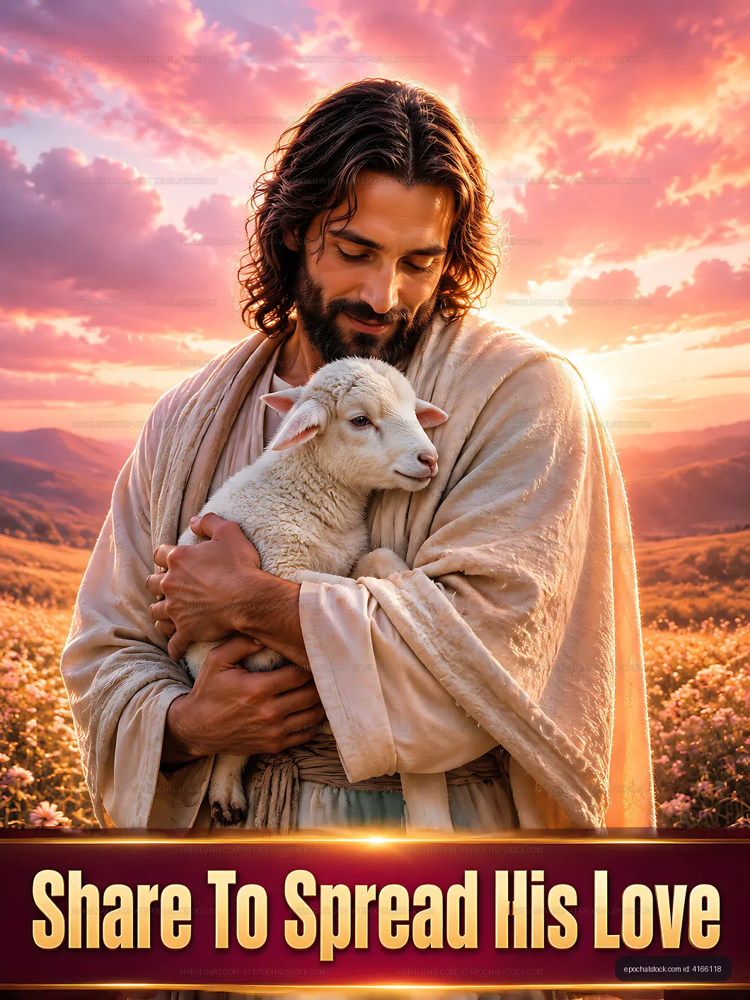 Man holding a sheep in a field during sunset