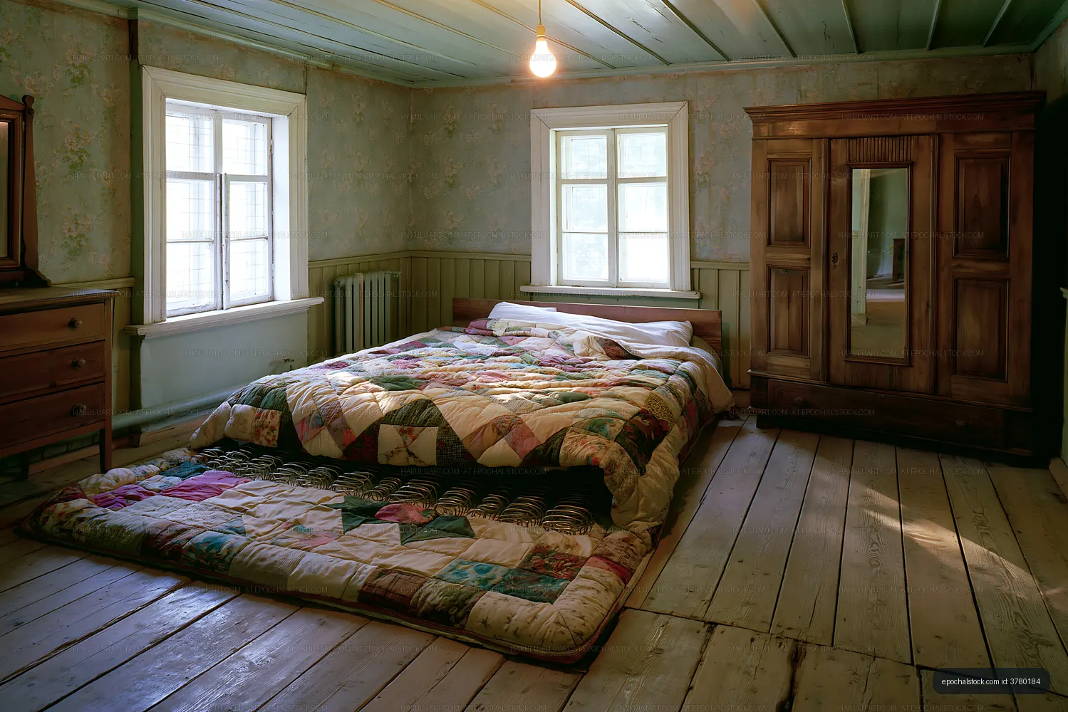 Cozy bedroom with wooden furniture and patchwork quilts