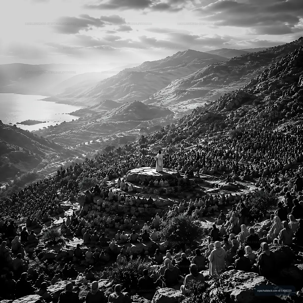 Gathering at a mountain for a spiritual event in black and white