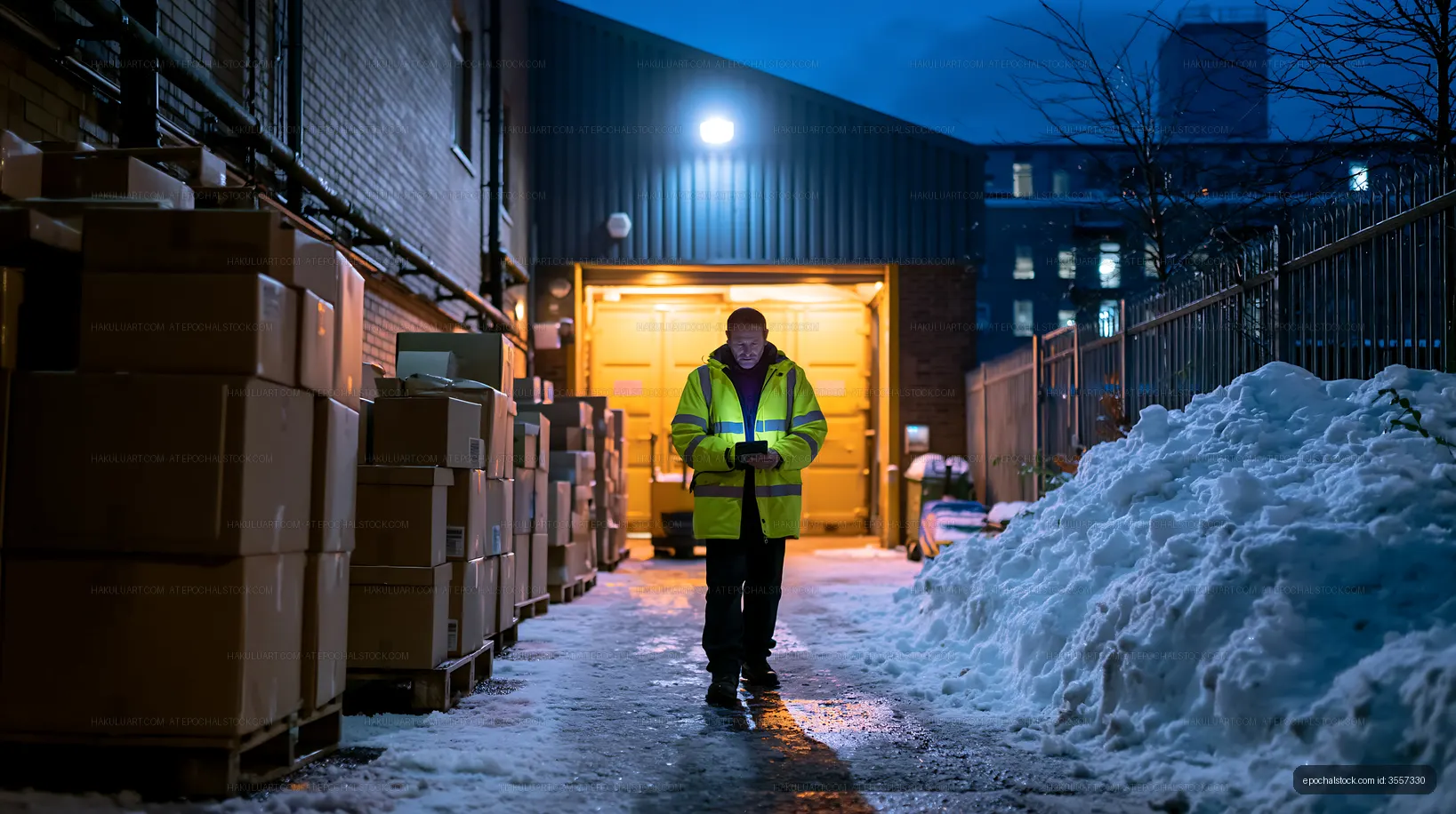 Worker checking inventory at night near warehouse