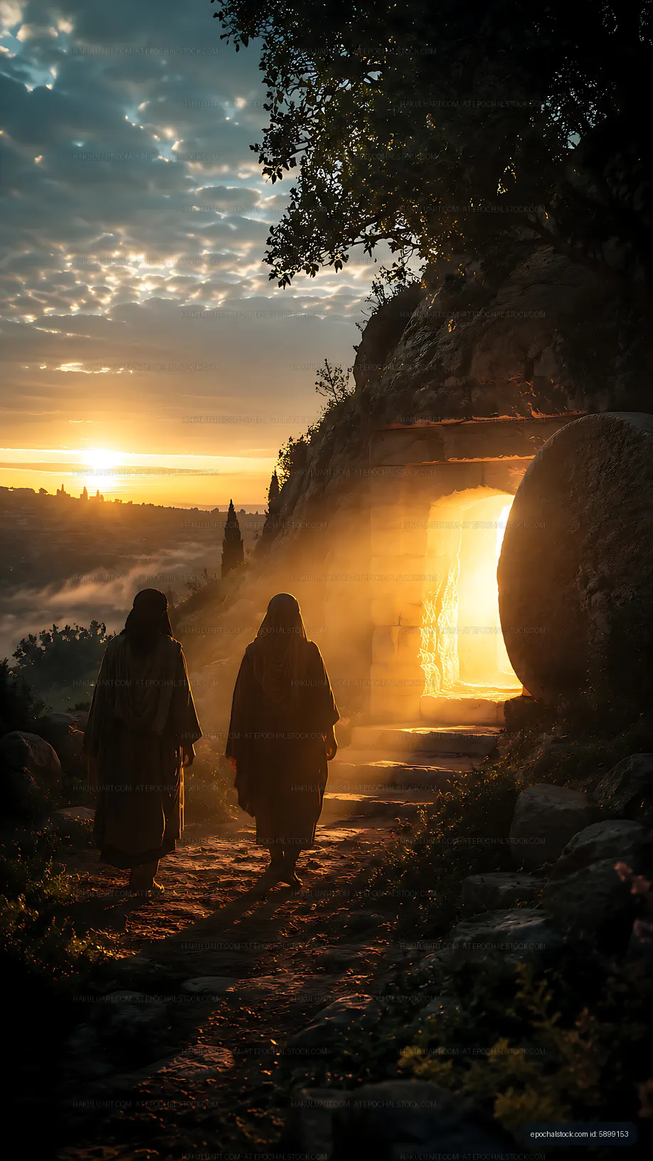 Two figures walking towards a light at sunrise near a stone entrance