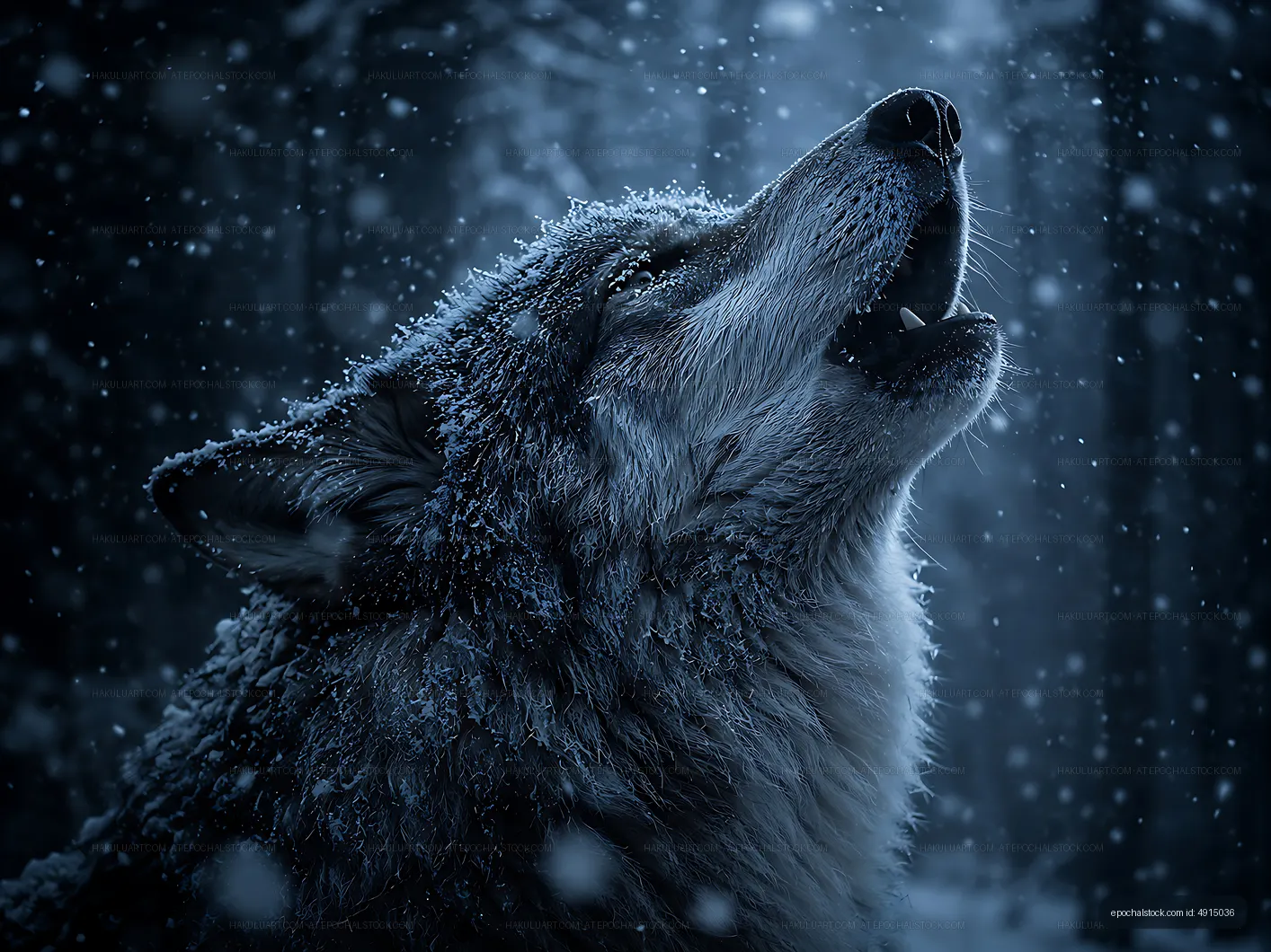 Wolf howling in the snow during a nighttime winter scene