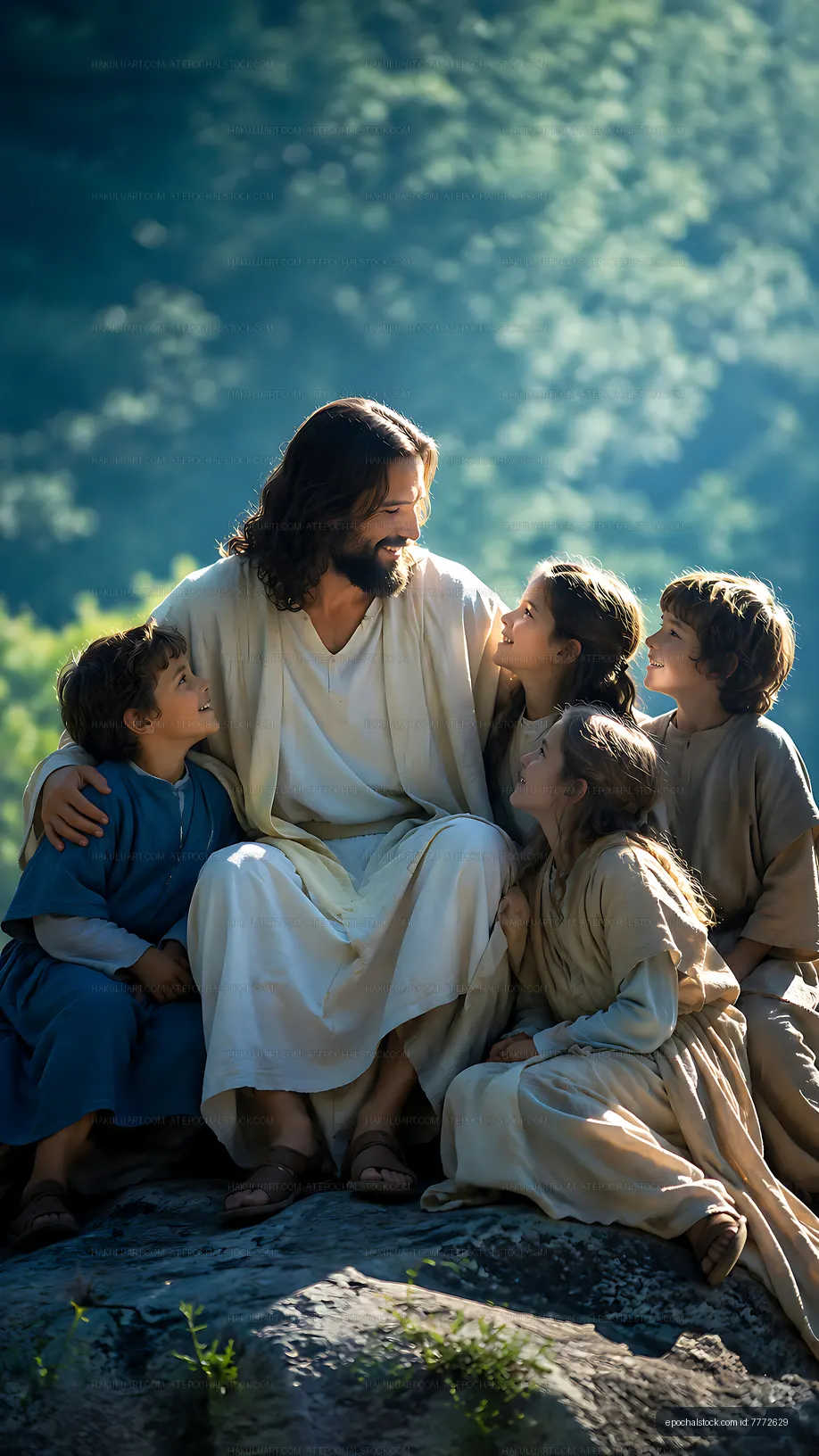 Jesus sitting with children in a lush green setting