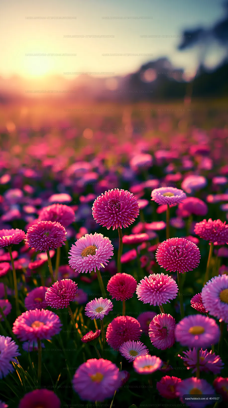 Colorful flower field at sunset with daisies blooming