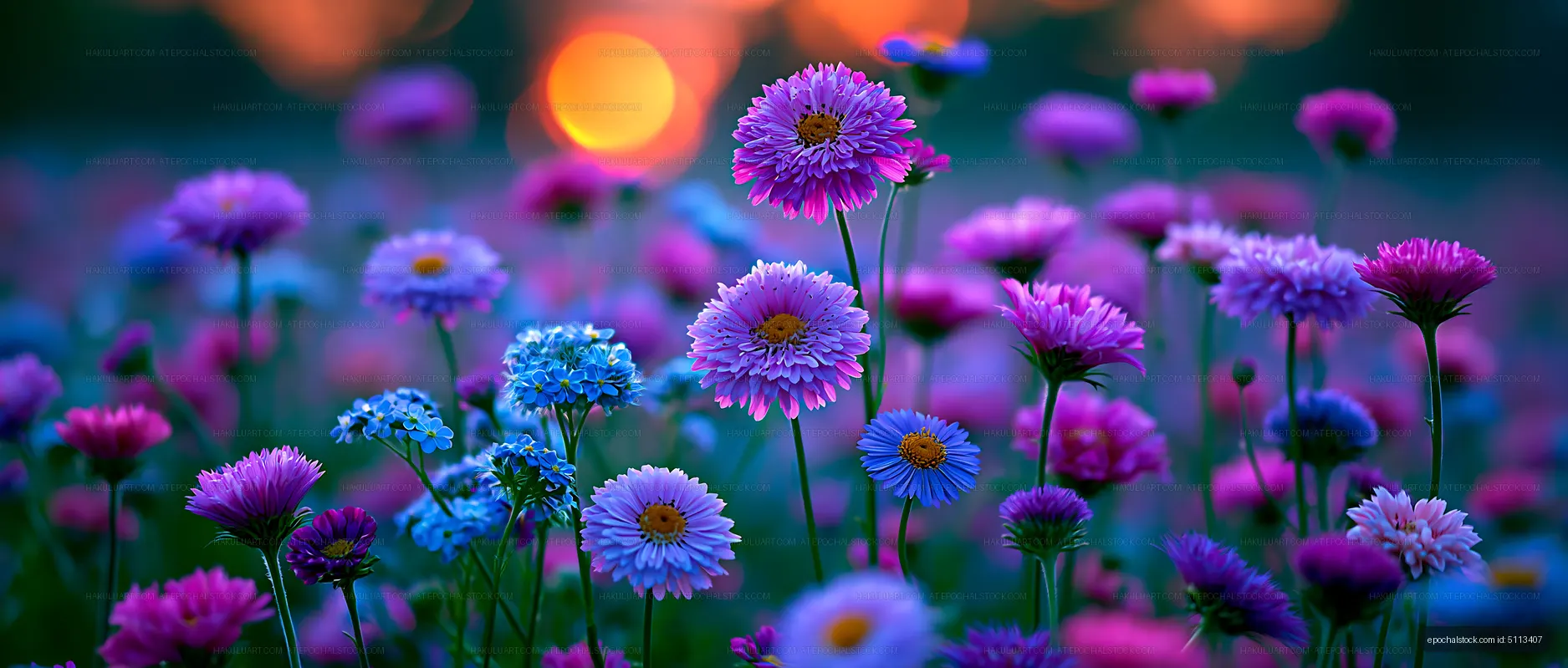 Vibrant flowers blooming in a field during sunset