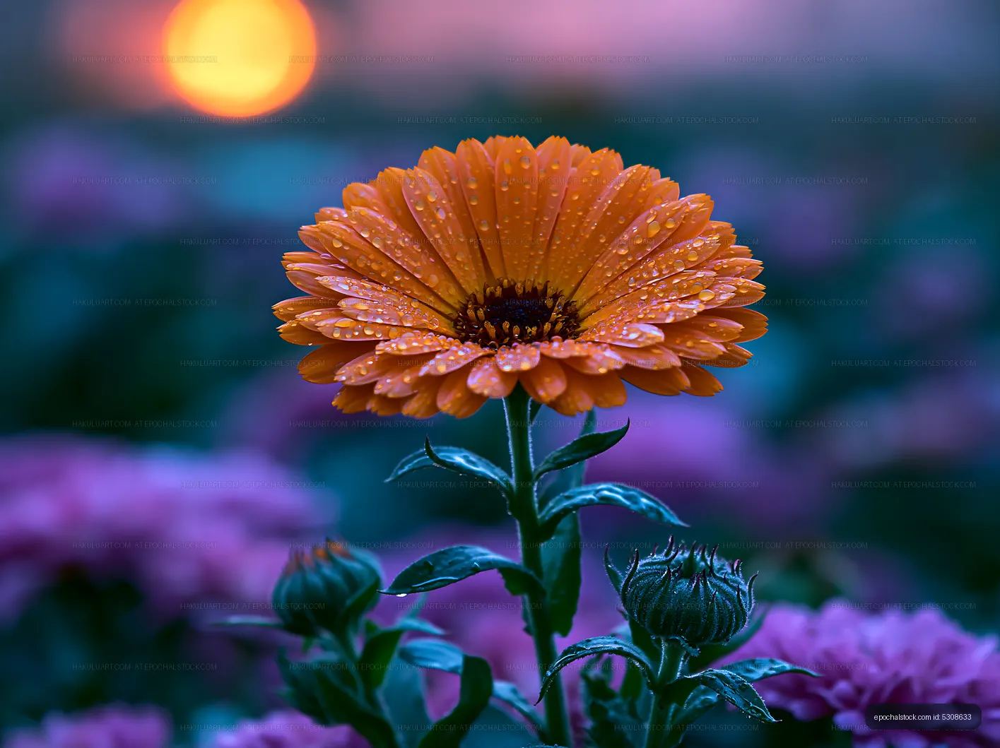 Orange flower with water droplets in a purple garden at sunset