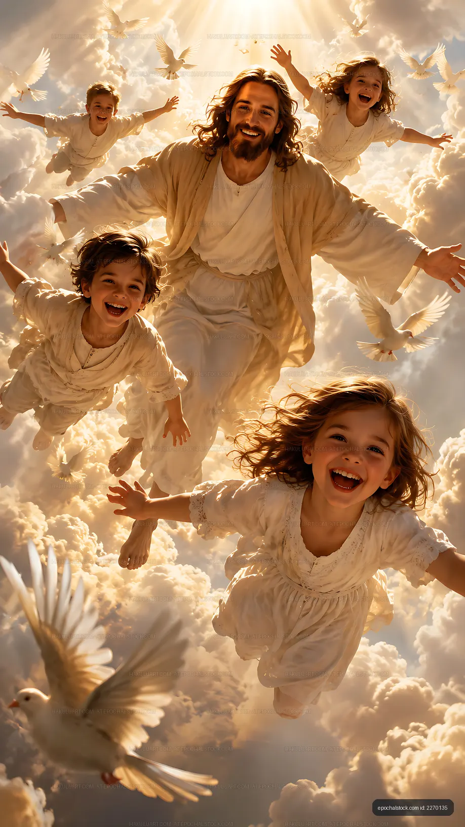 Jesus with children and doves in a bright cloud setting