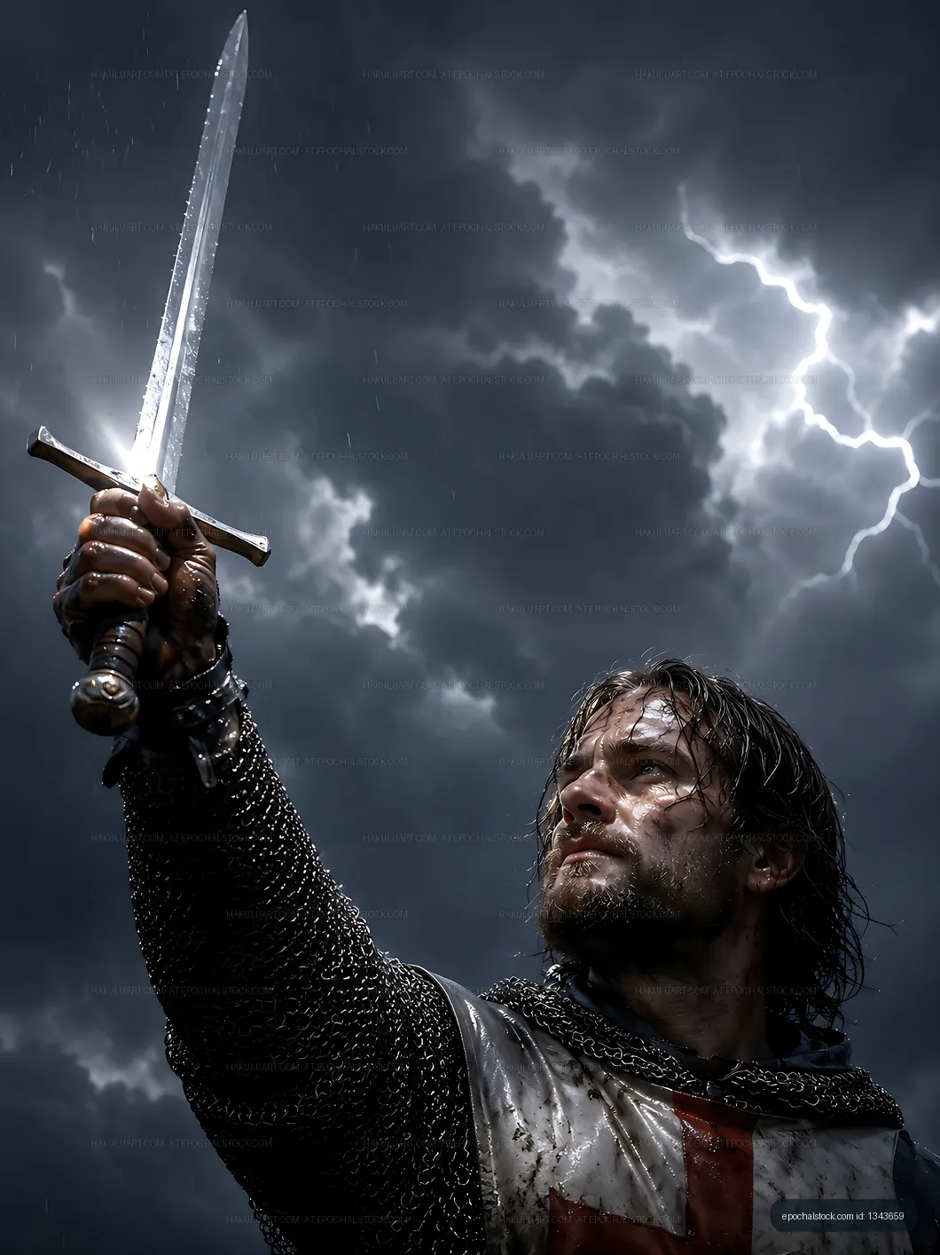 Knight holding sword under stormy sky