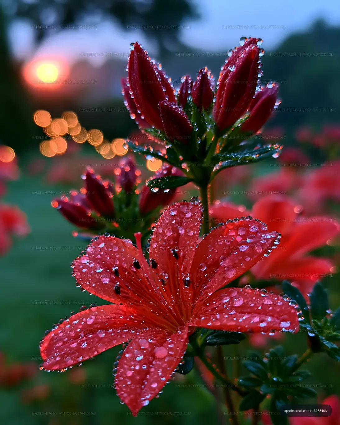Close-up of red flowers with water droplets at sunset