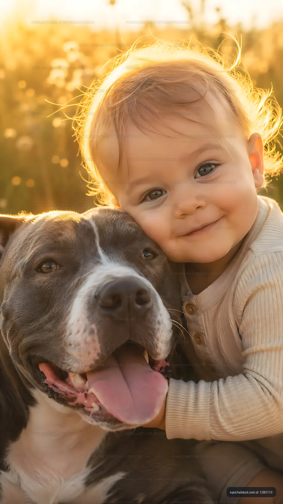 Child and dog share a moment in golden sunlight in a field