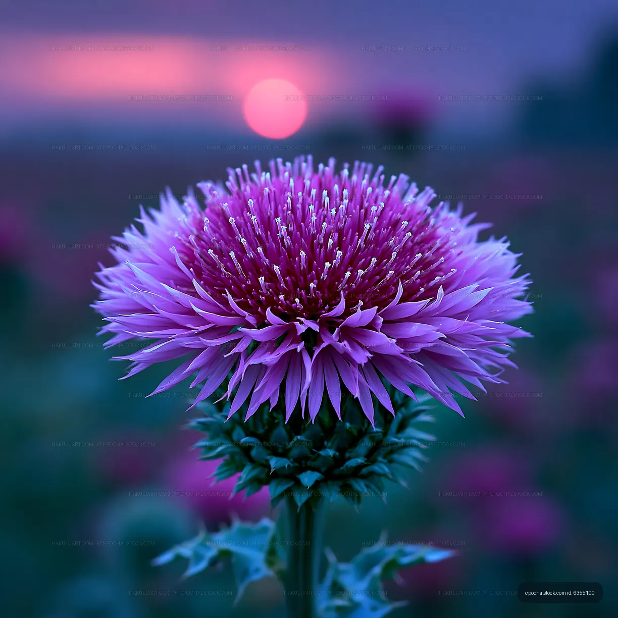 Purple flower in a field at sunset