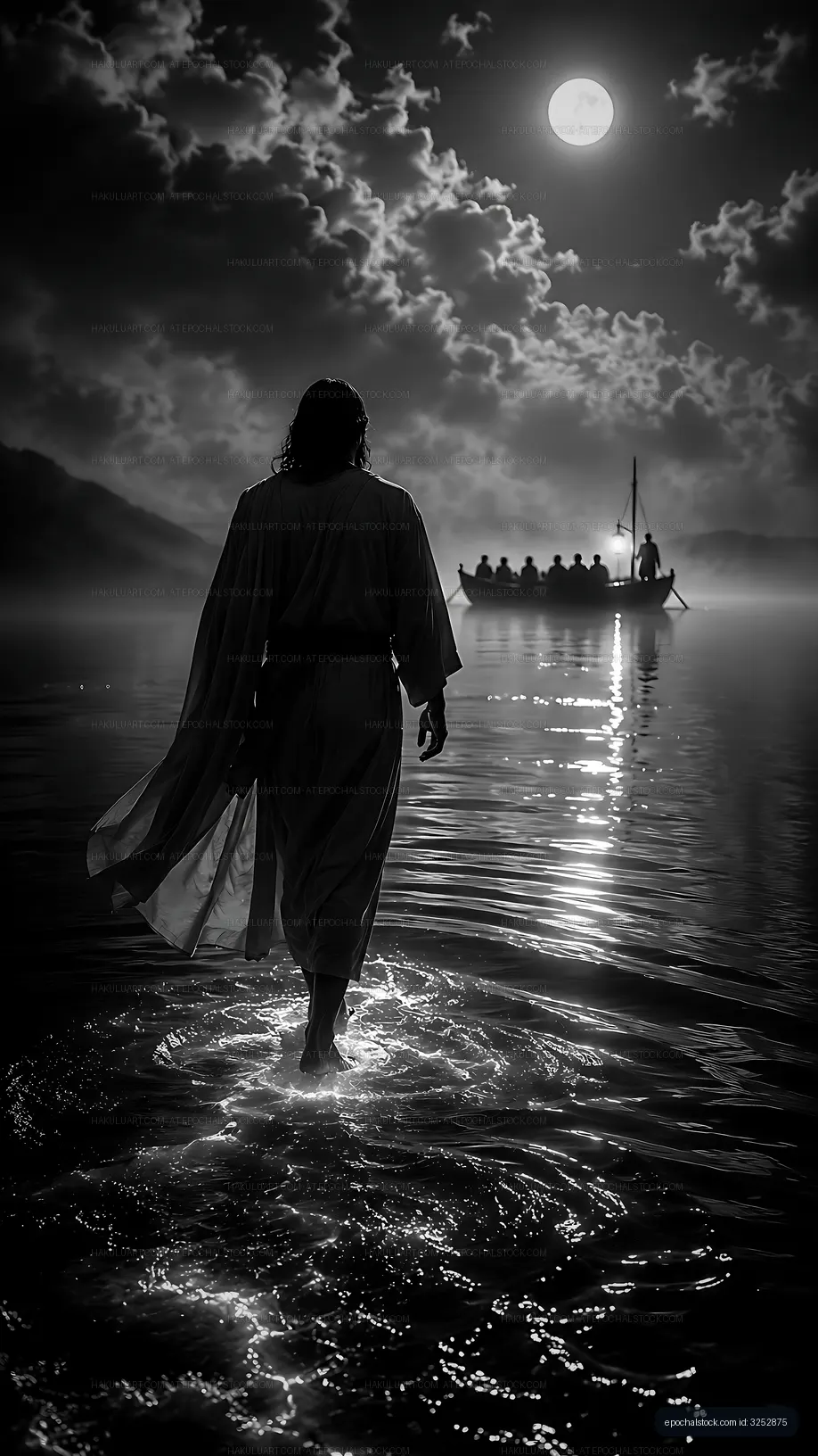Man walking on water during night with full moon and boat