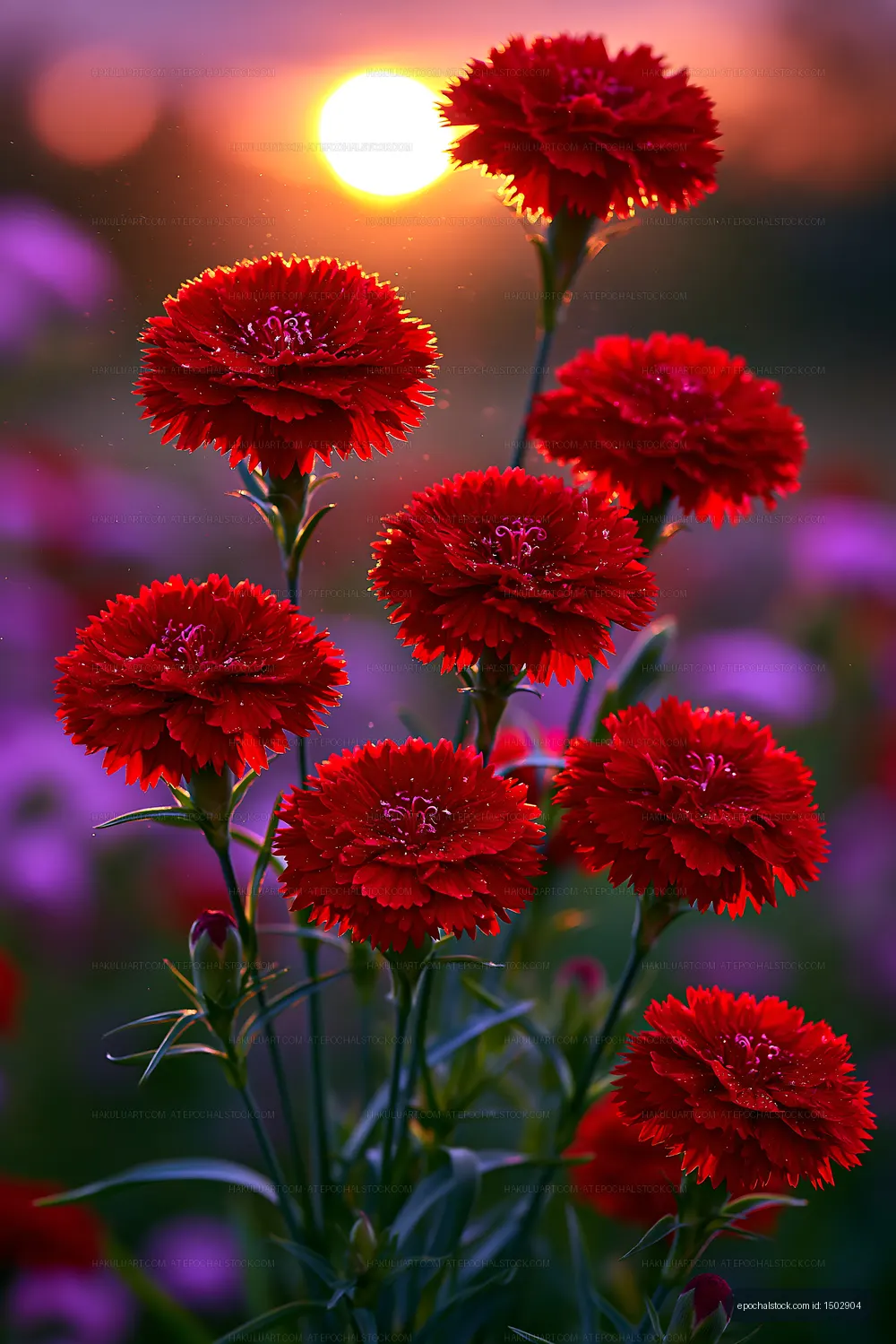Red flowers blooming at sunset in a garden