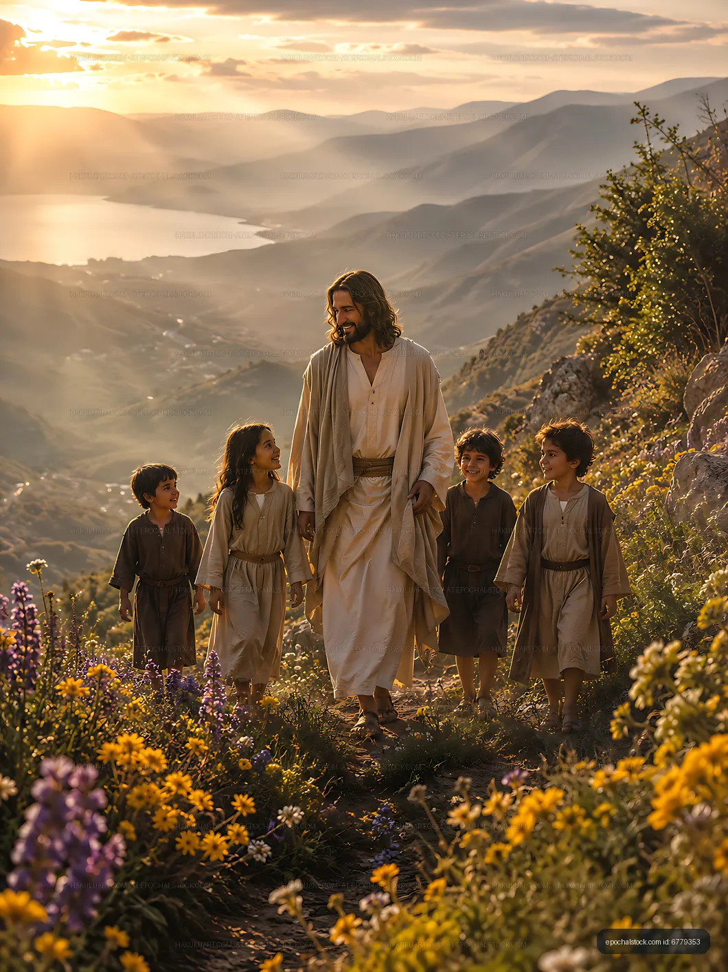 Walking with children in a mountainous area during sunset