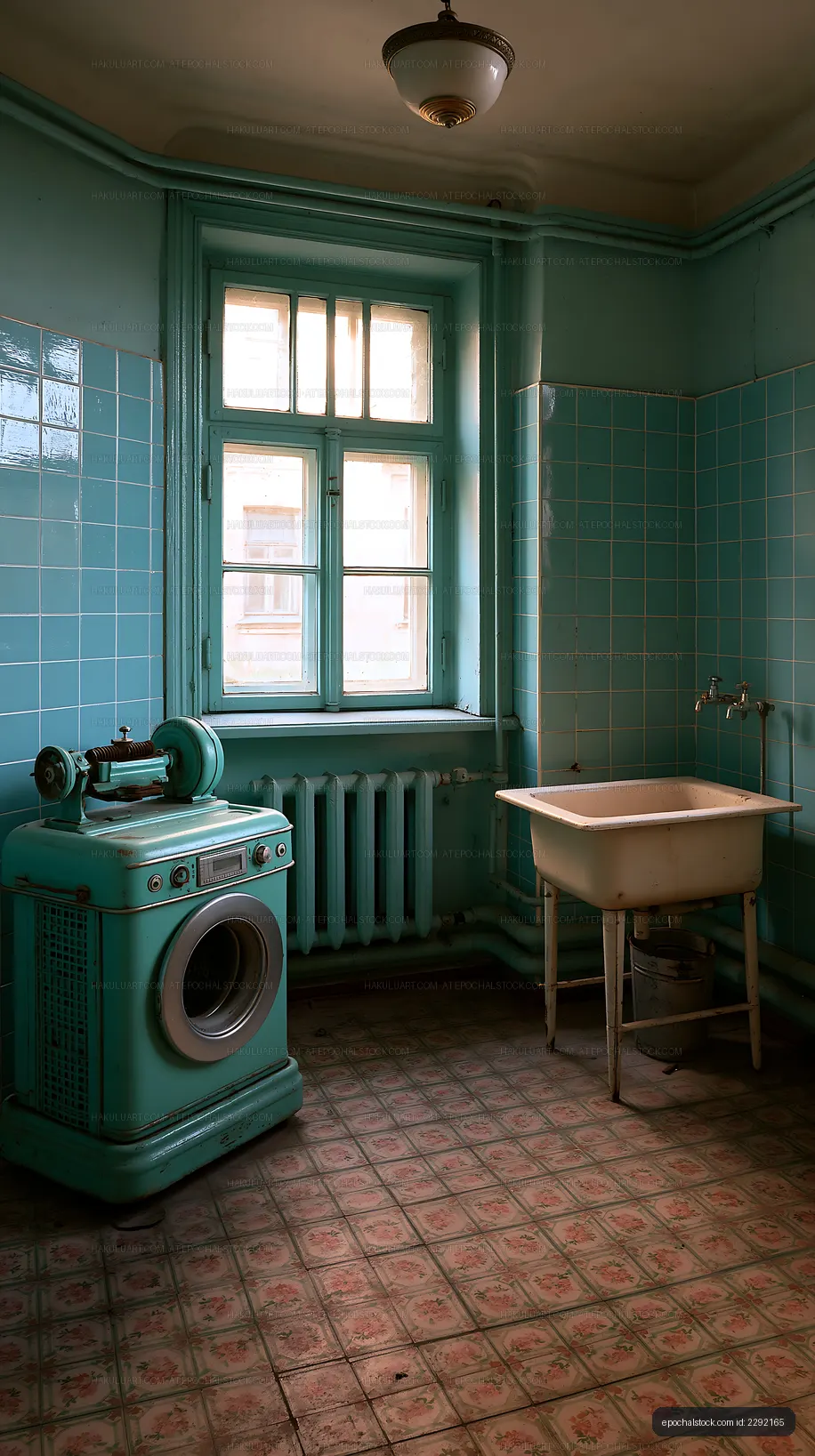 Vintage laundry room with turquoise walls and appliances