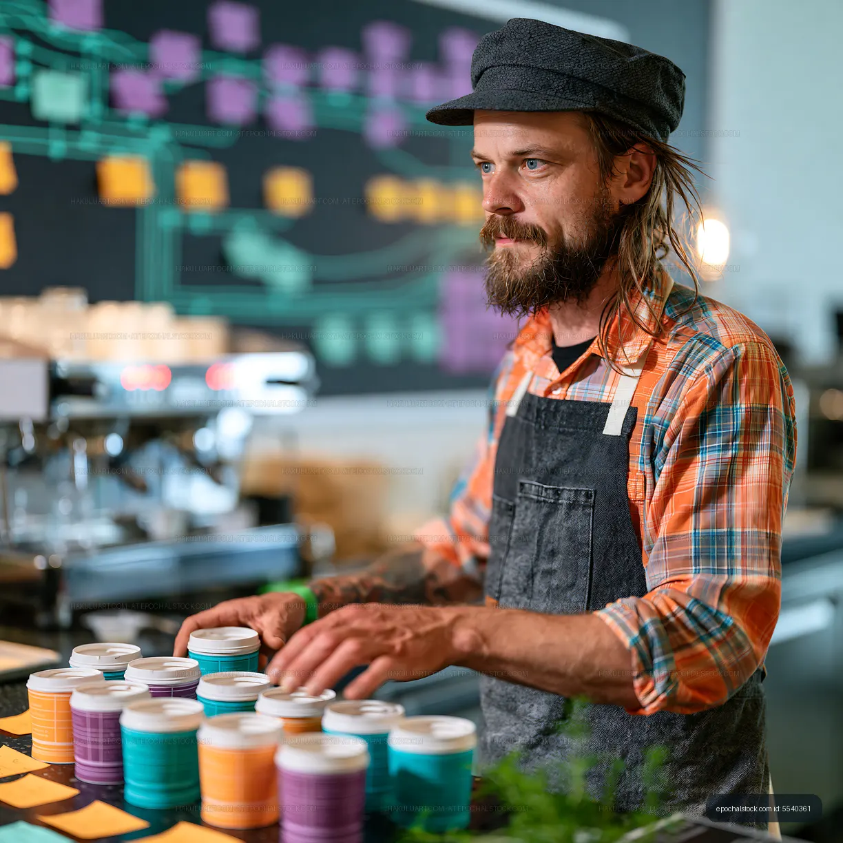 Barista preparing cups in a modern cafe setting