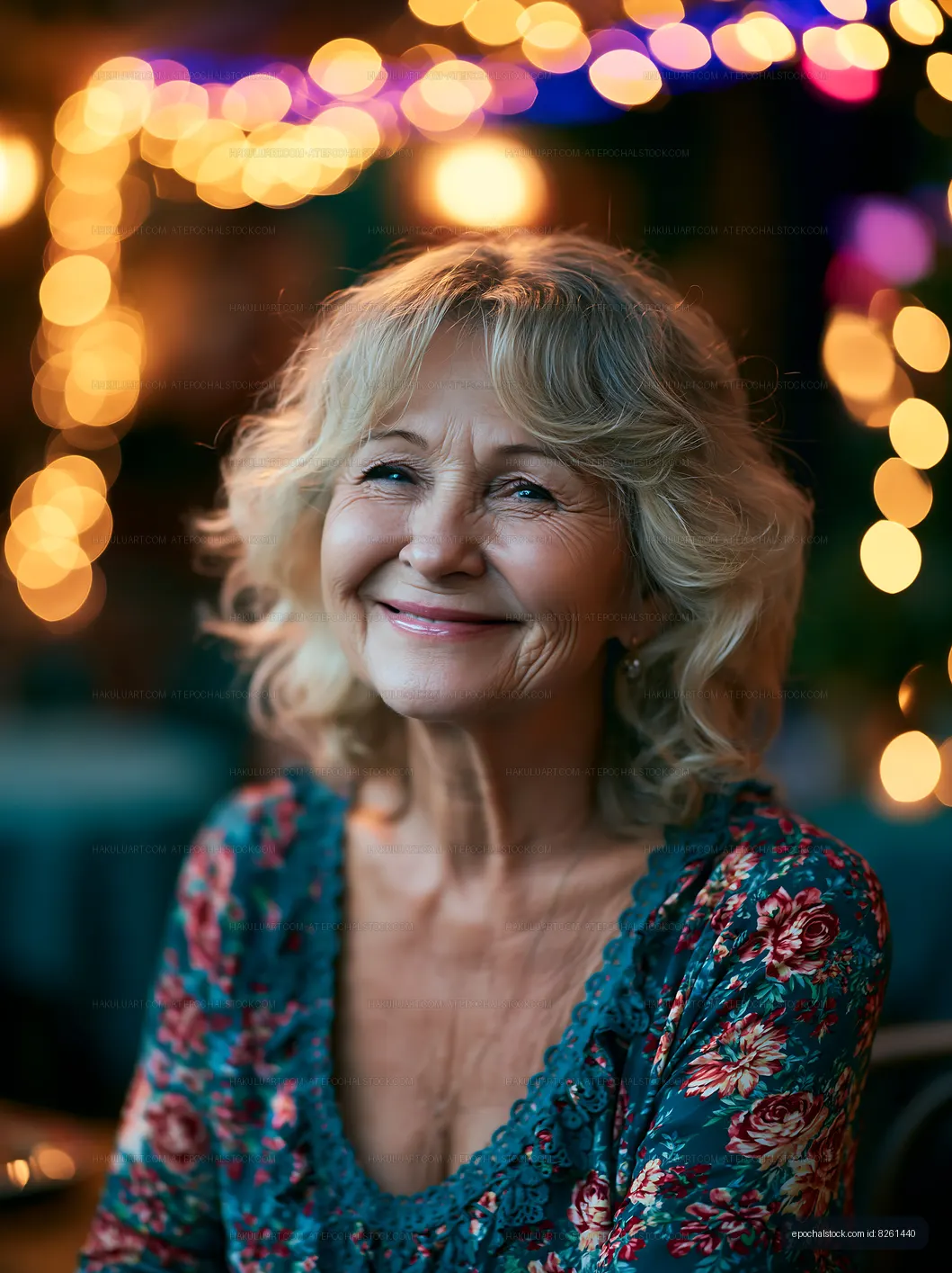 Smiling woman with curly hair under warm lights in a cafe