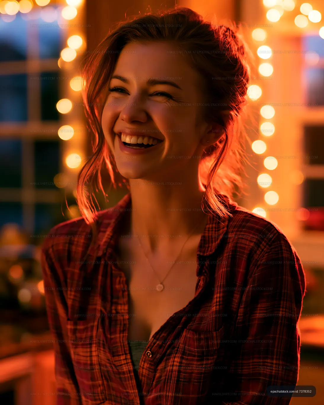 Smiling woman in warm lighting with holiday decorations