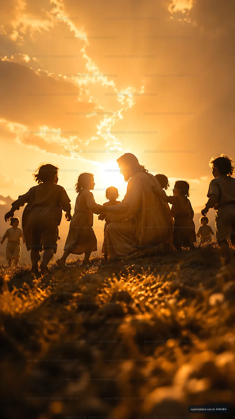 Children playing around a figure in the sunset
