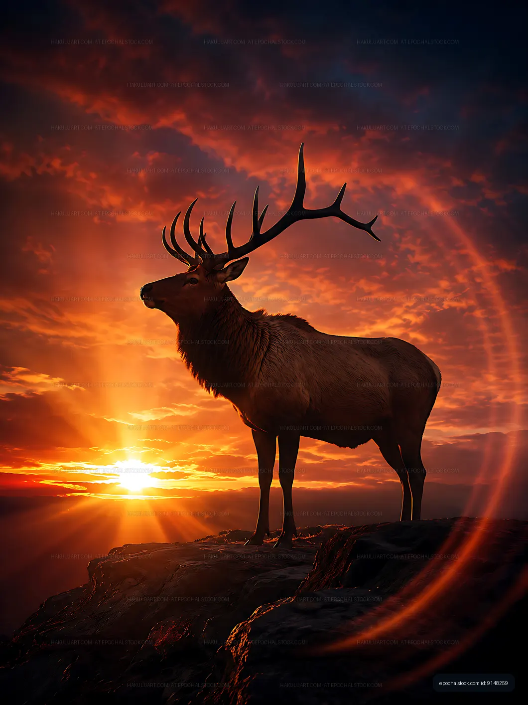 Elk standing on a rock at sunset with colorful clouds