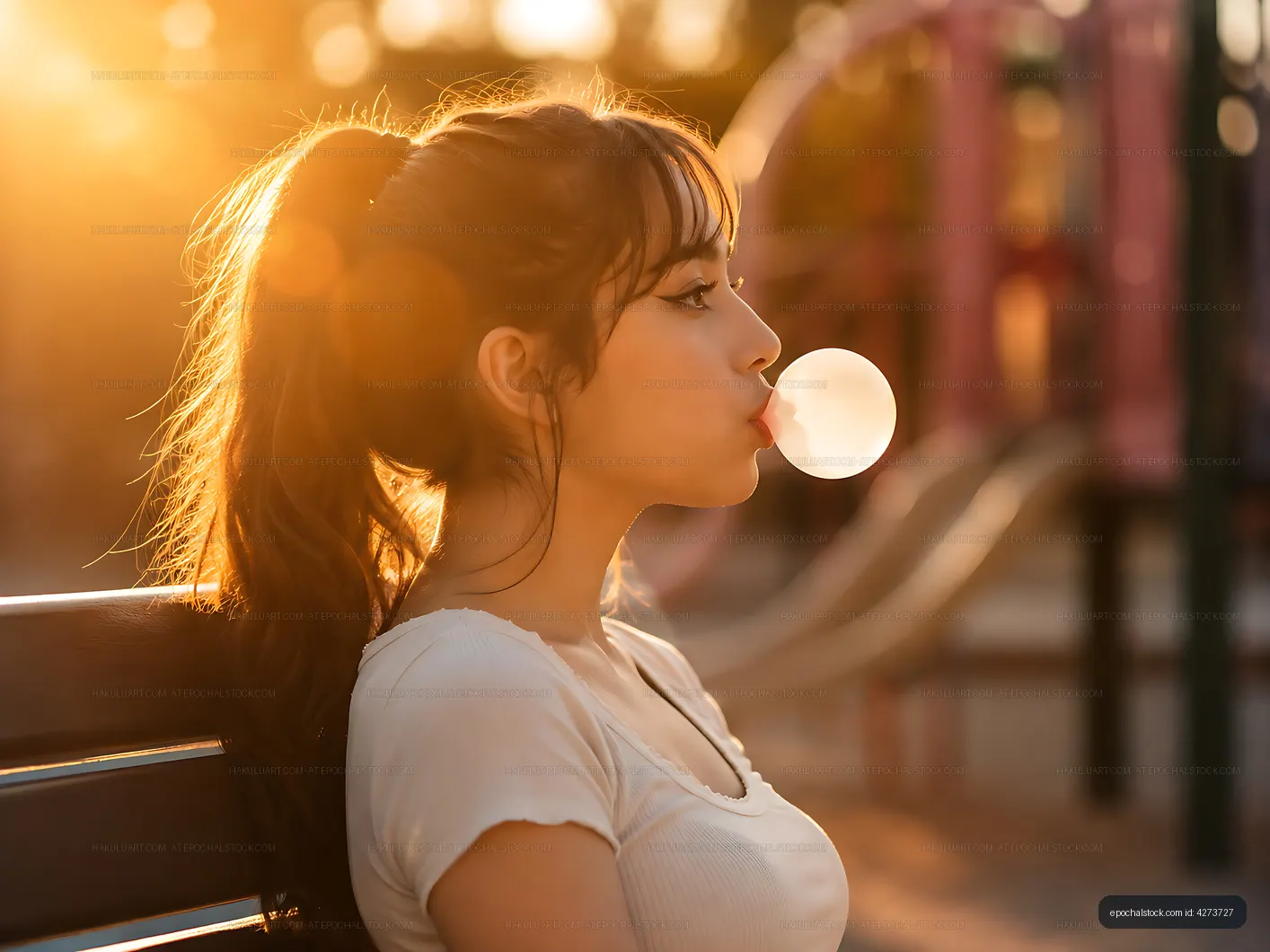 Young woman blows bubble gum at playground during sunset