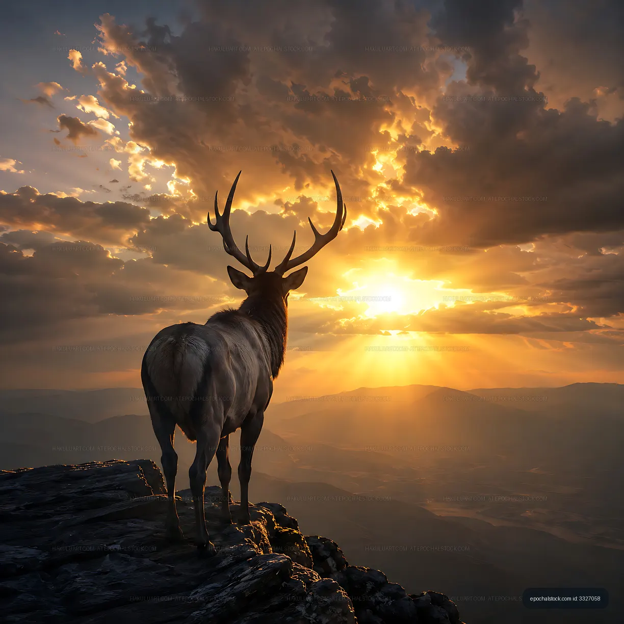 Deer standing on cliff during sunset with clouds and mountains