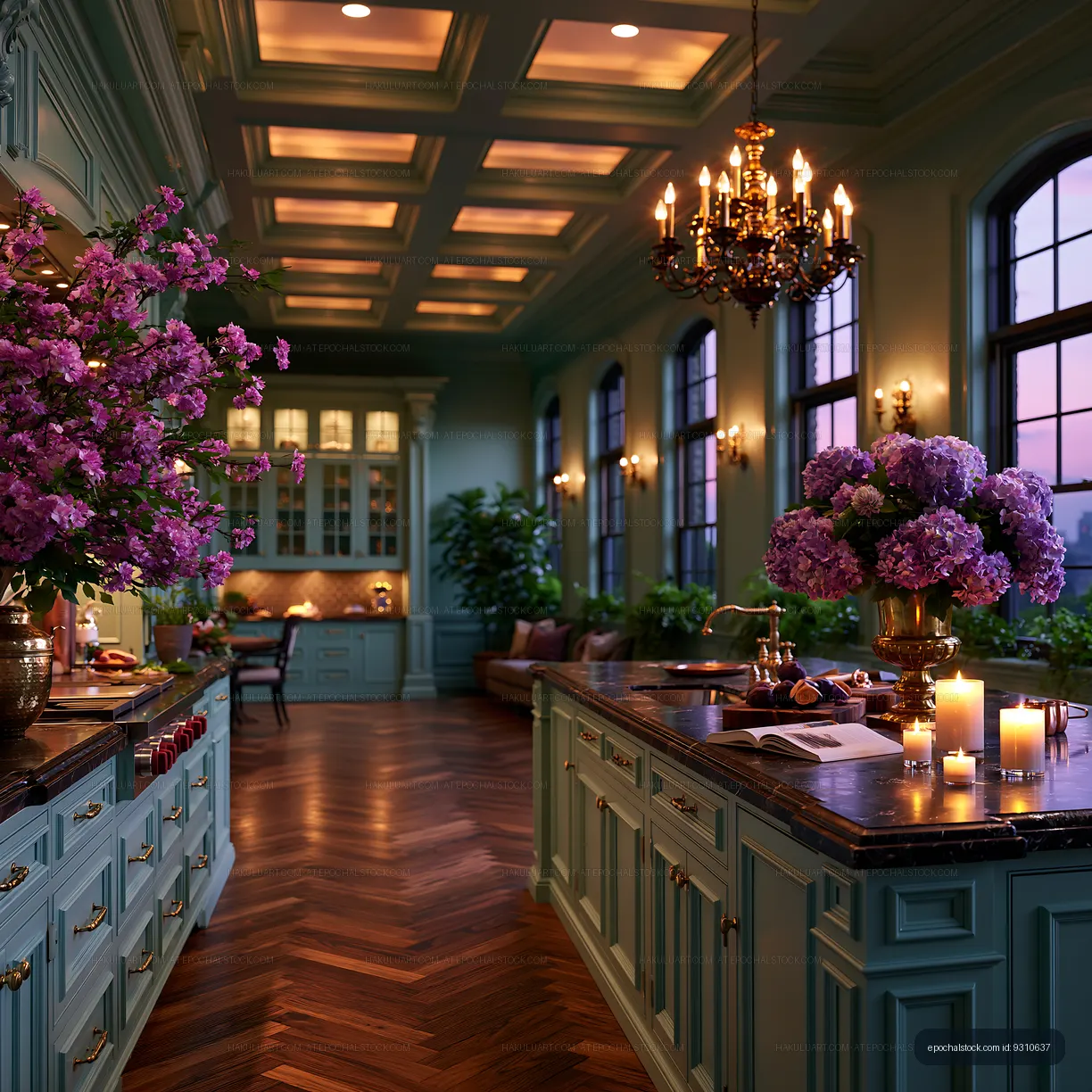 Luxury kitchen with flowers and candles at dusk