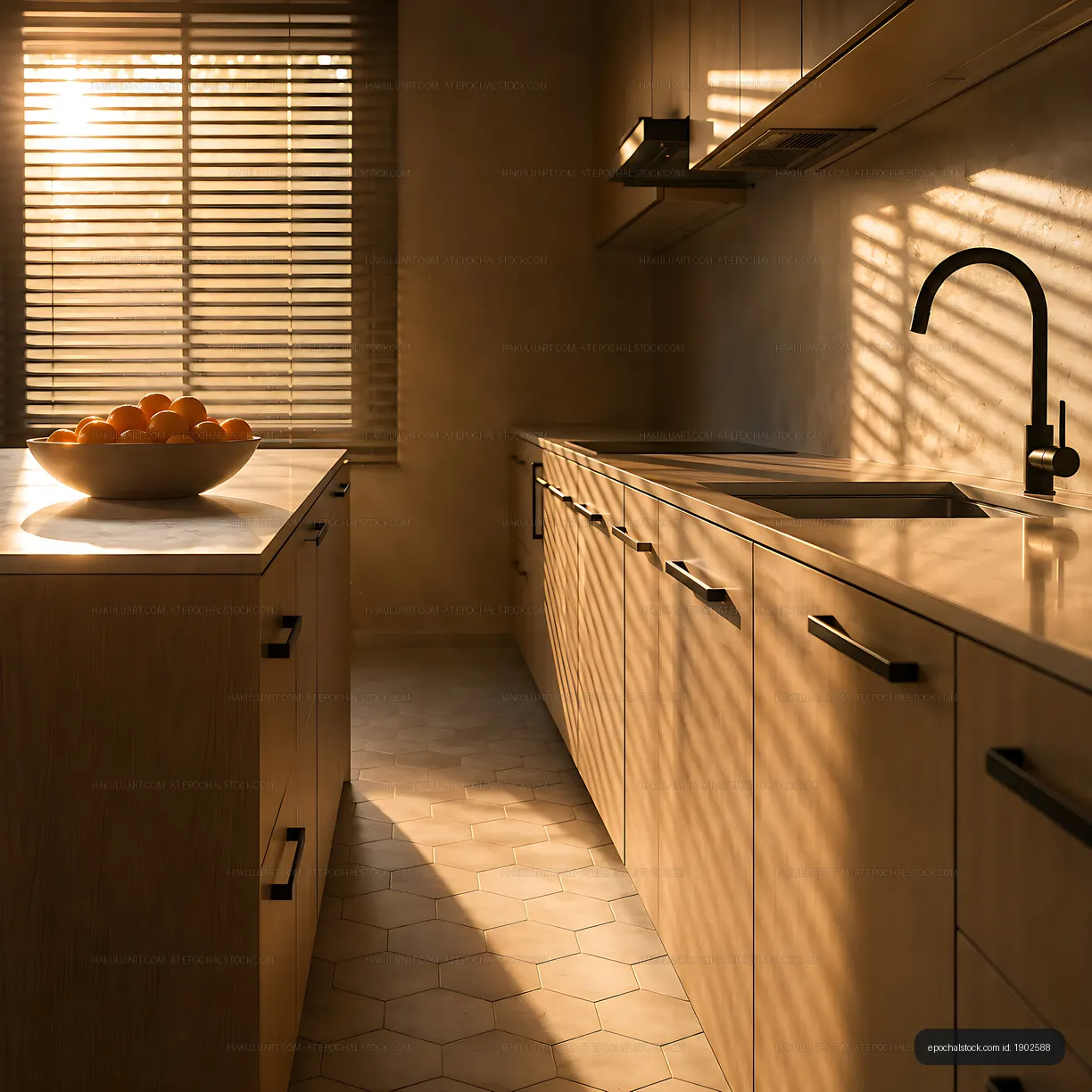 Warm light in a modern kitchen with a bowl of oranges