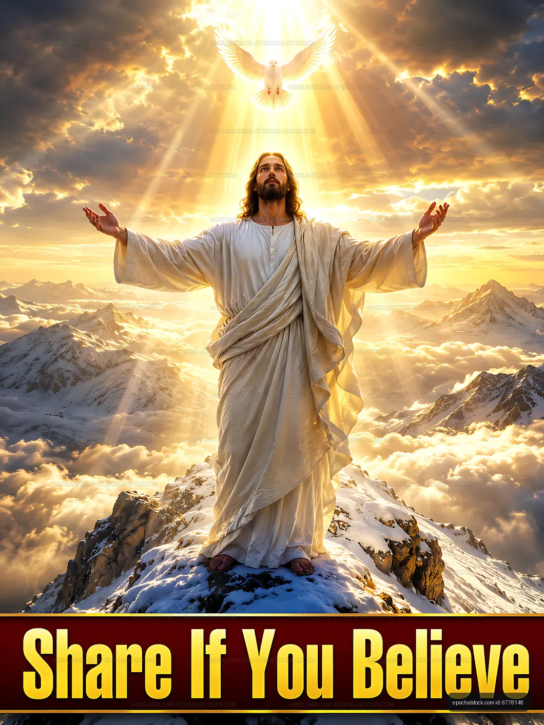 Jesus with open arms on snowy mountain with dove in sky