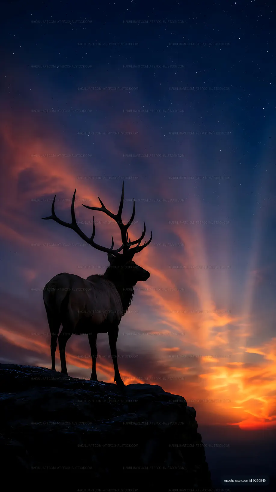 Elk standing on a cliff during sunset with colorful sky