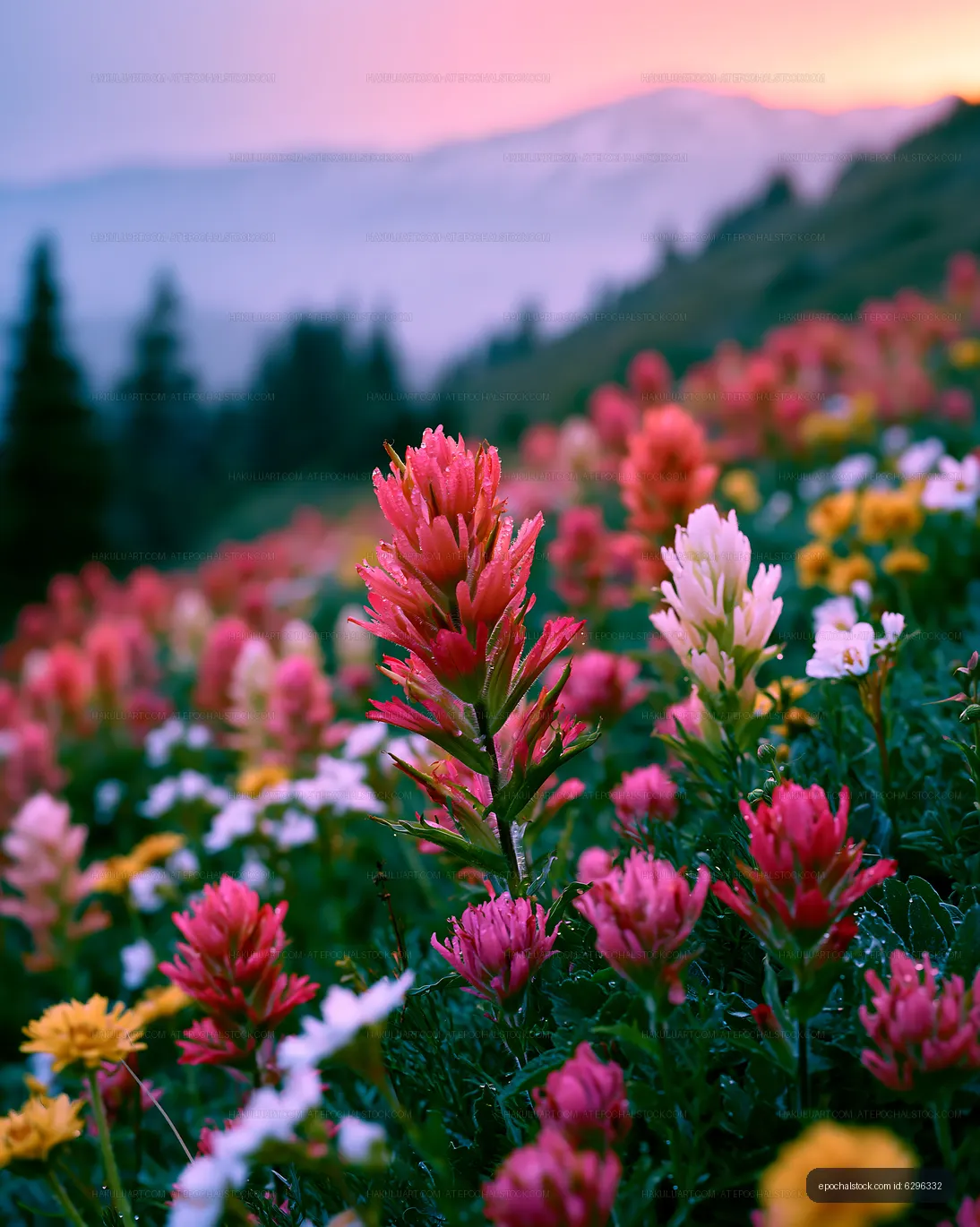 Colorful flowers bloom on a hillside during sunset