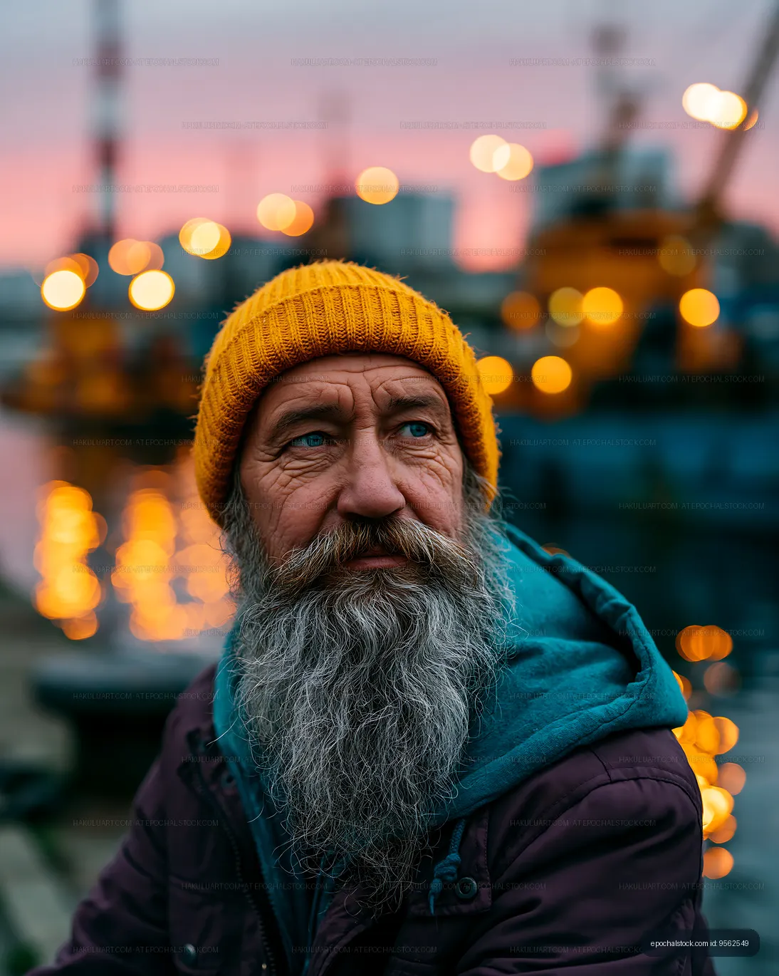 Man with beard and yellow hat sitting by the water during sunset
