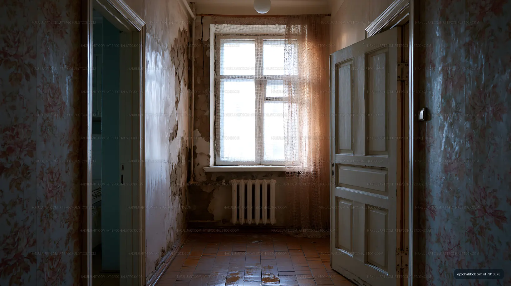 Hallway with peeling walls and a window letting in natural light