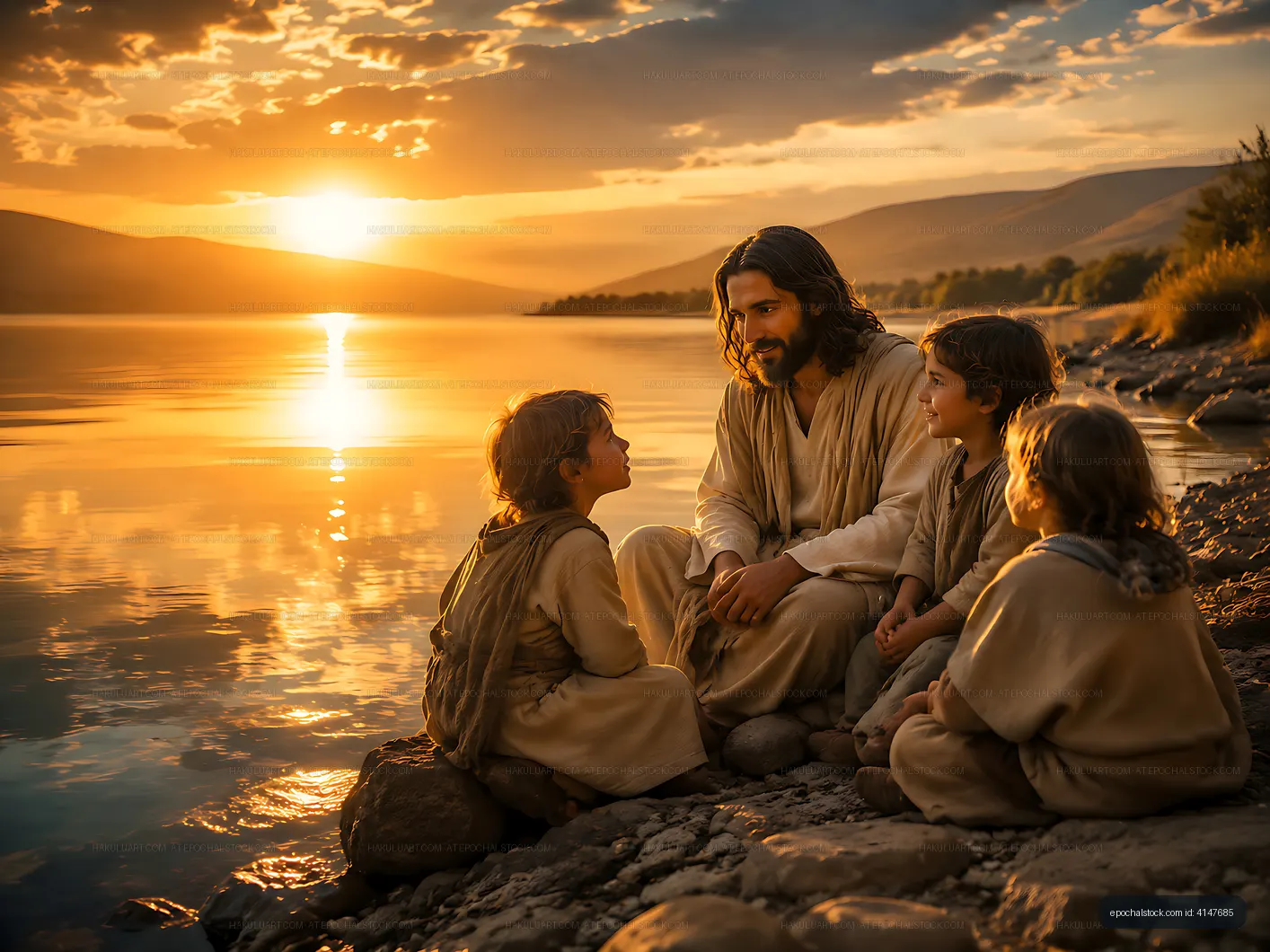 Children sitting with a teacher by a lake at sunset