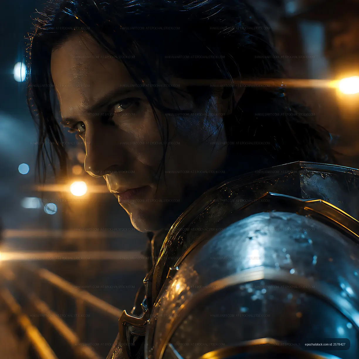 Man in armor stands in urban setting during nighttime