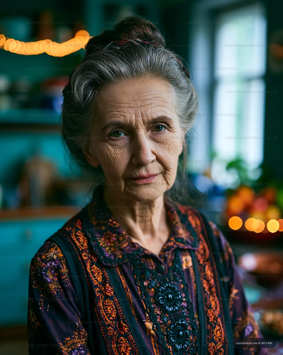 Elderly woman standing in a kitchen with colorful decor