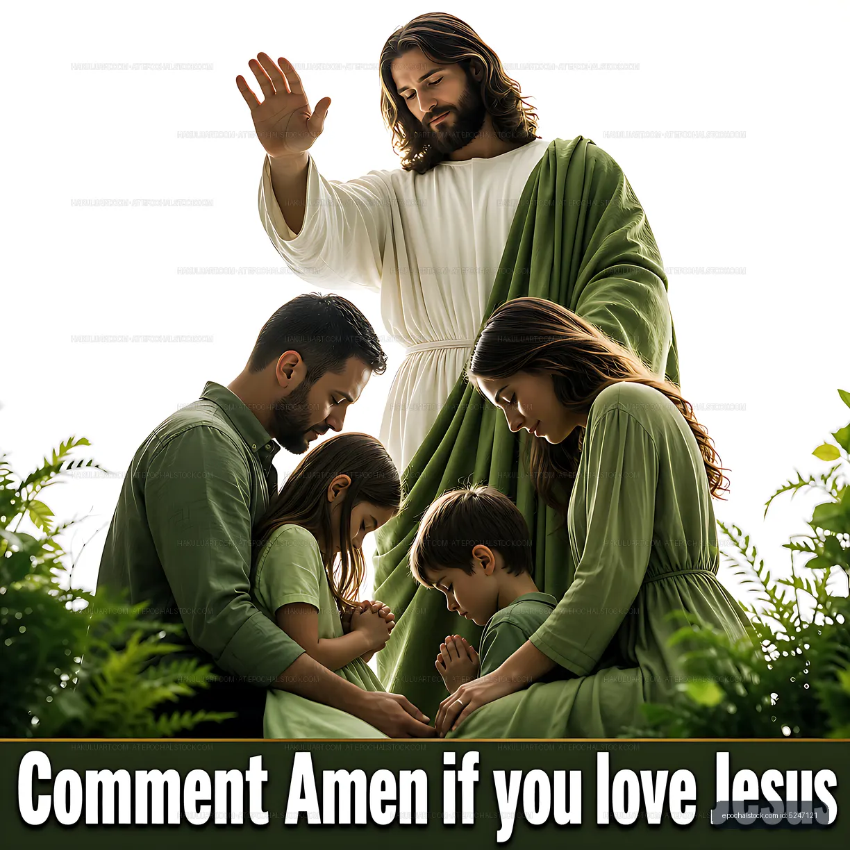 Family gathers in prayer with figure of Jesus