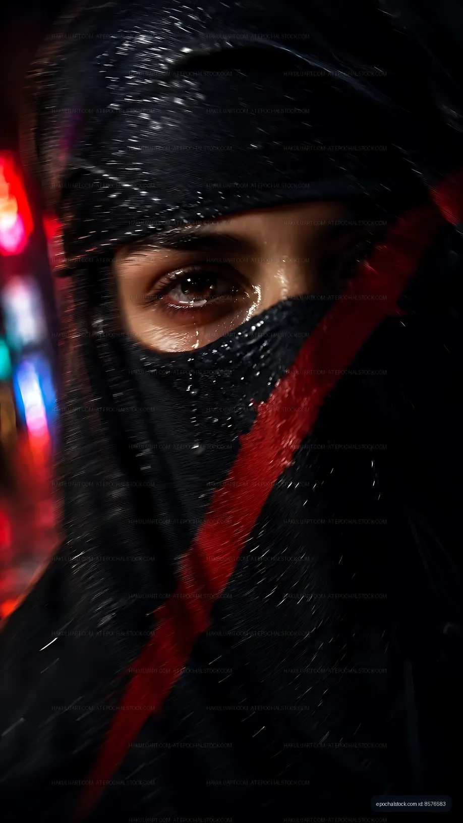 Woman with covered face in rain at night on city street