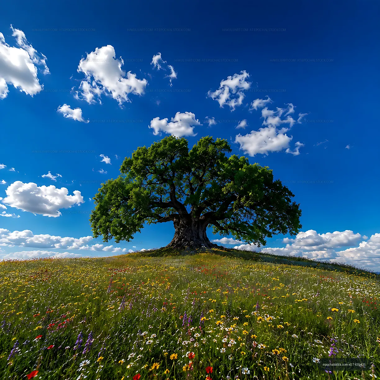 Large tree on green hill under blue sky with clouds