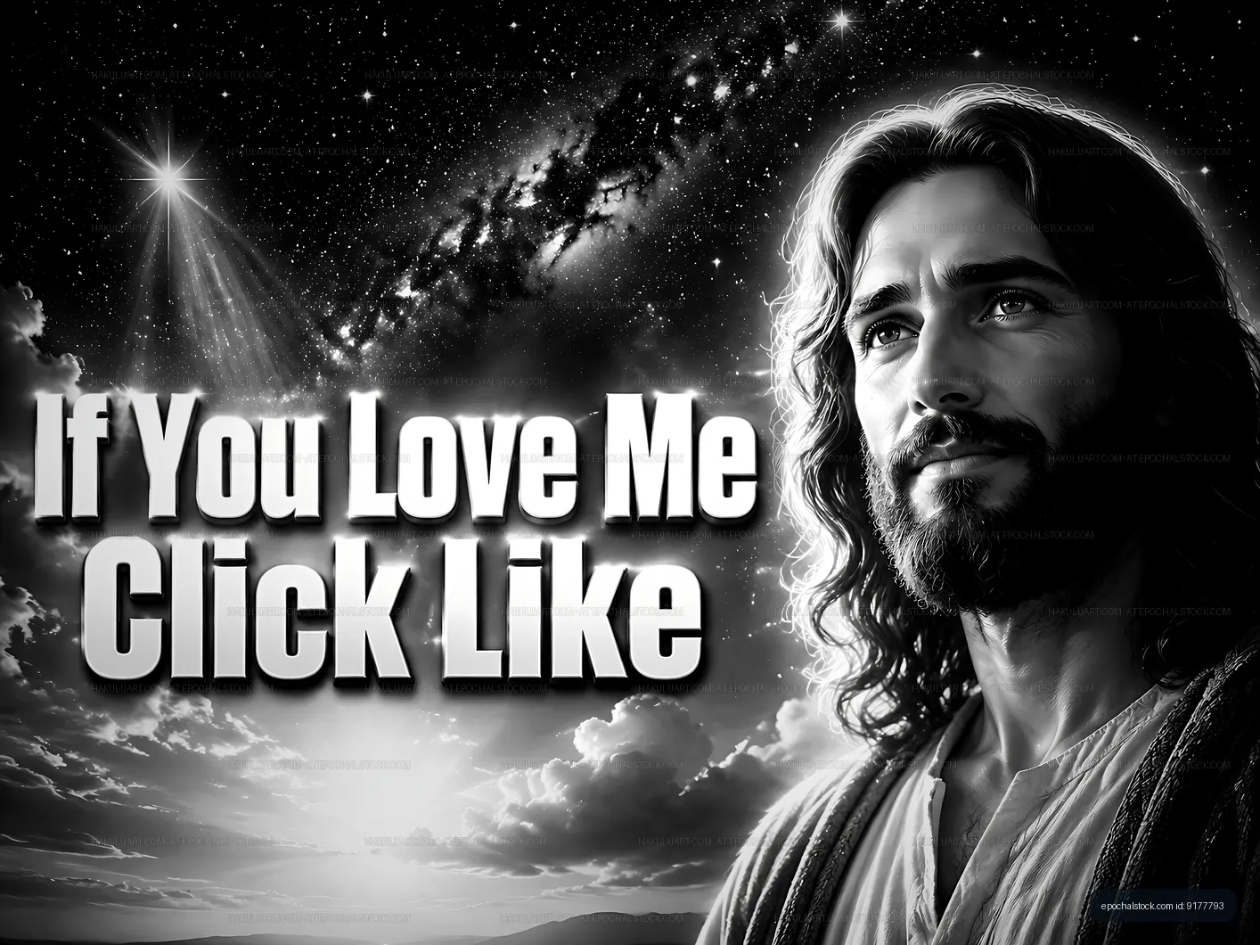 Jesus in front of a starry sky with a call to action