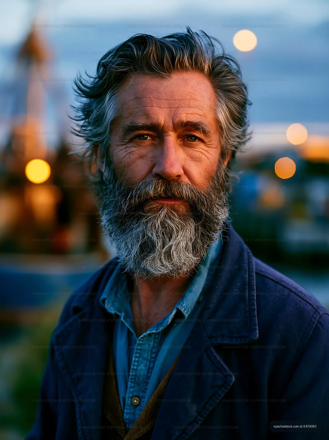 Man with a beard standing outdoors at dusk with lights in background