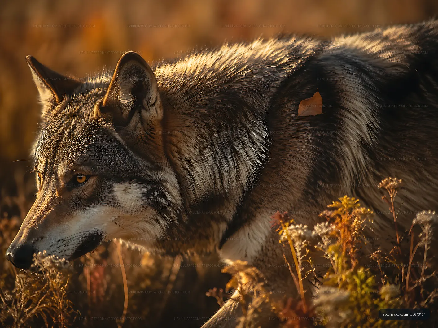 Wolf walking through tall grass in the autumn afternoon sunlight