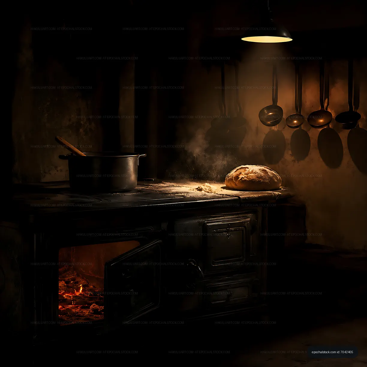 Old kitchen with bread on stove and pot on fire