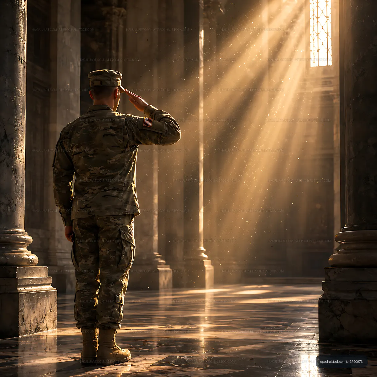 Soldier saluting in historic building with sunlight streaming