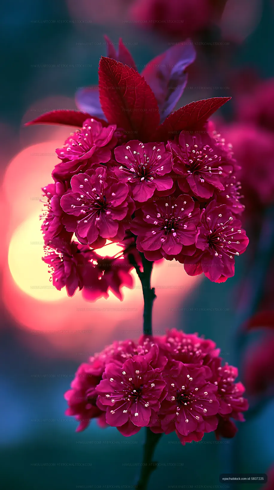 Bright pink flowers on branch during sunset