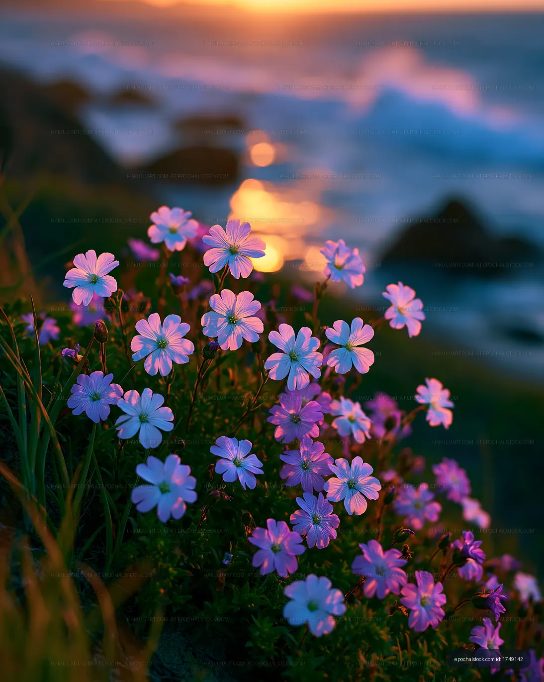 Colorful flowers by the ocean at sunset
