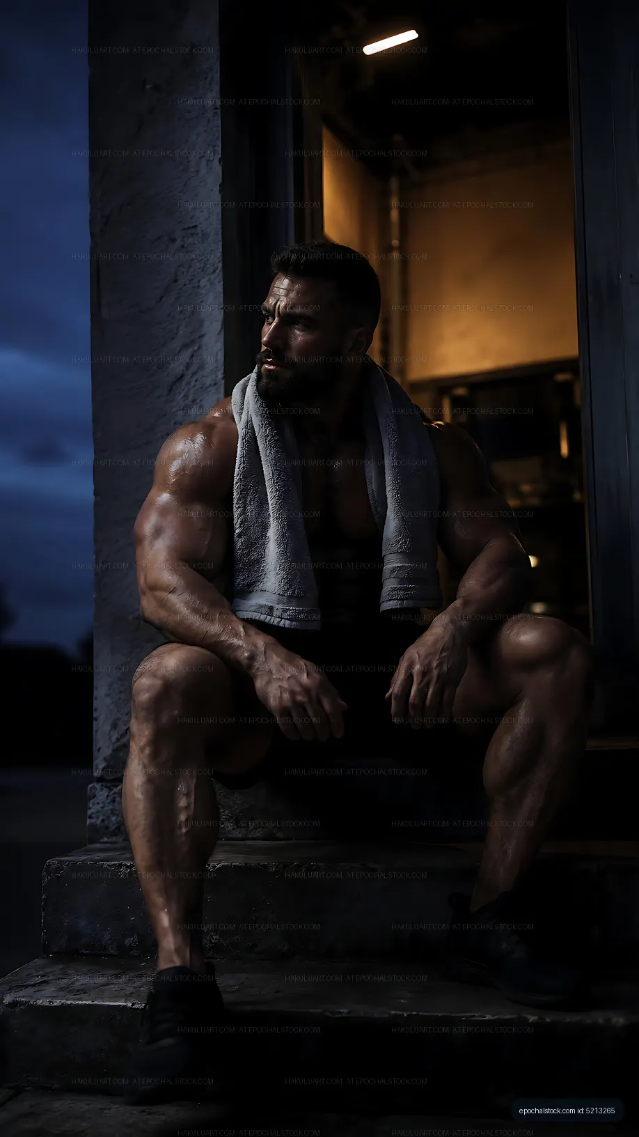 Muscular man resting on steps during evening