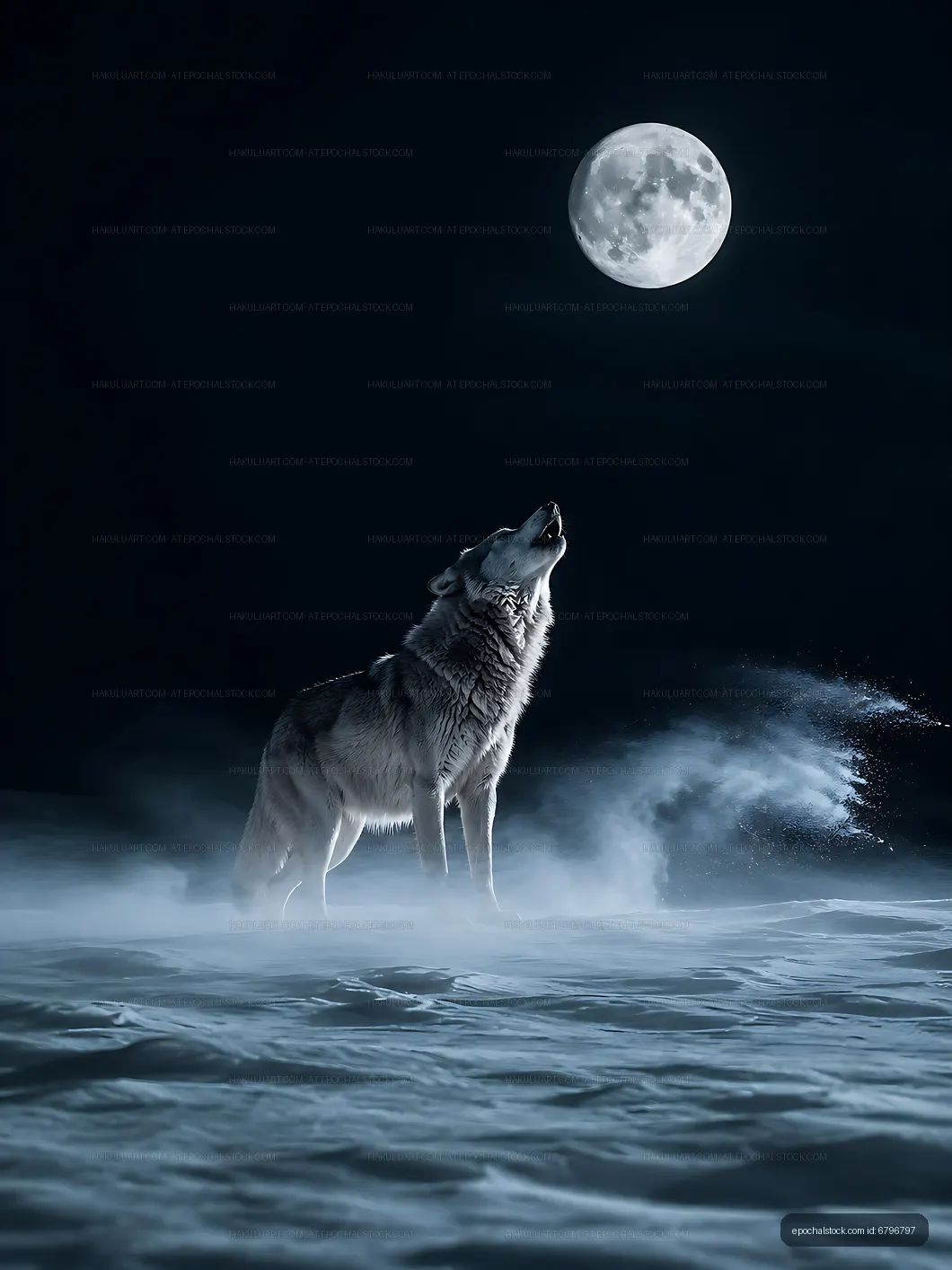 Wolf howling at full moon in snowy landscape