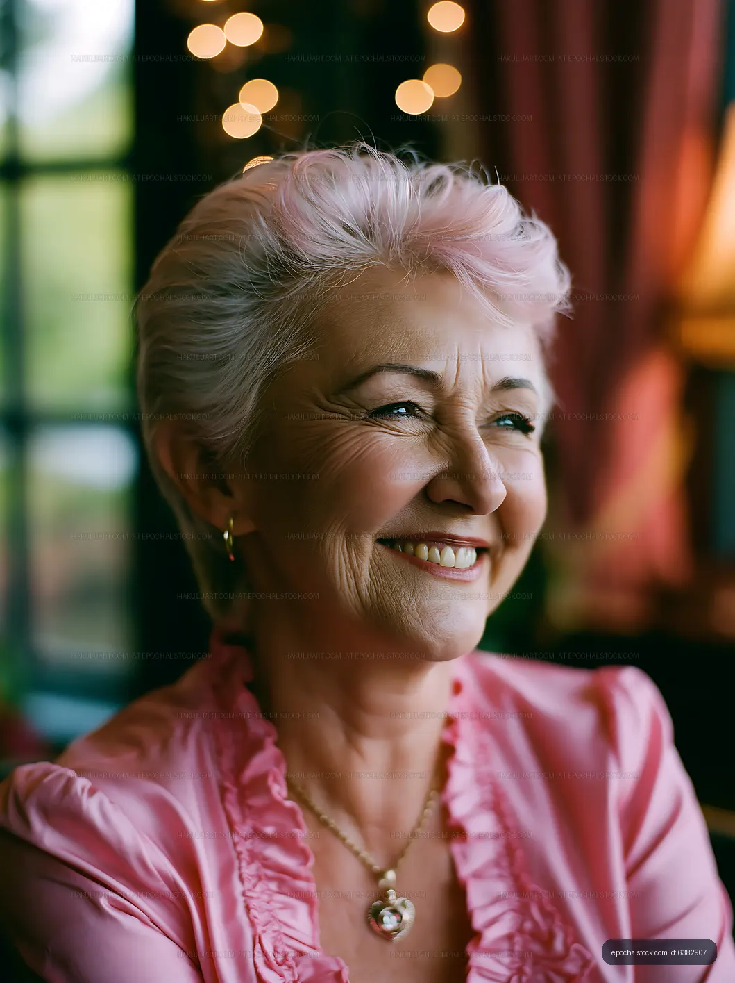 Happy older woman in a pink blouse smiling indoors